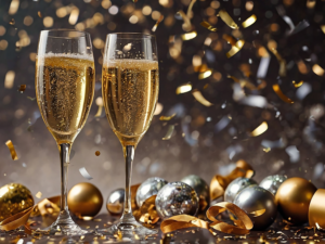 Two Champagne glasses and New Year decorations