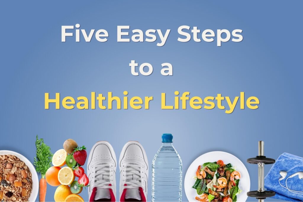 An image depicting 5 Small Changes to Improve Your Health Over 40, including healthy eating, drinking more water and a sustainable exercise routine