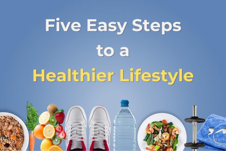 An image depicting 5 Small Changes to Improve Your Health Over 40, including healthy eating, drinking more water and a sustainable exercise routine