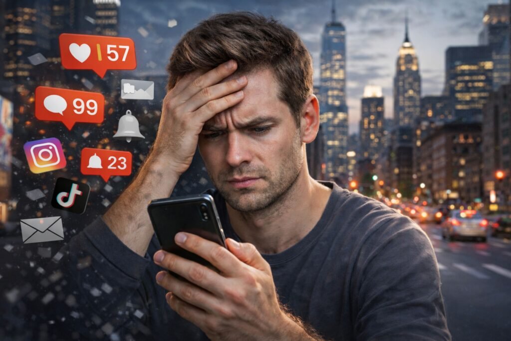 A stressed man looking at his smartphone demonstrating the hidden cost of smartphone addiction