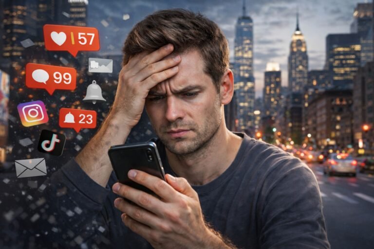 A stressed man looking at his smartphone demonstrating the hidden cost of smartphone addiction